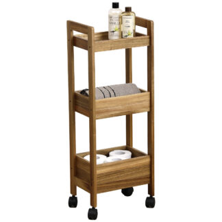 Acacia and MDF 3-Tier Rolling Storage Cart